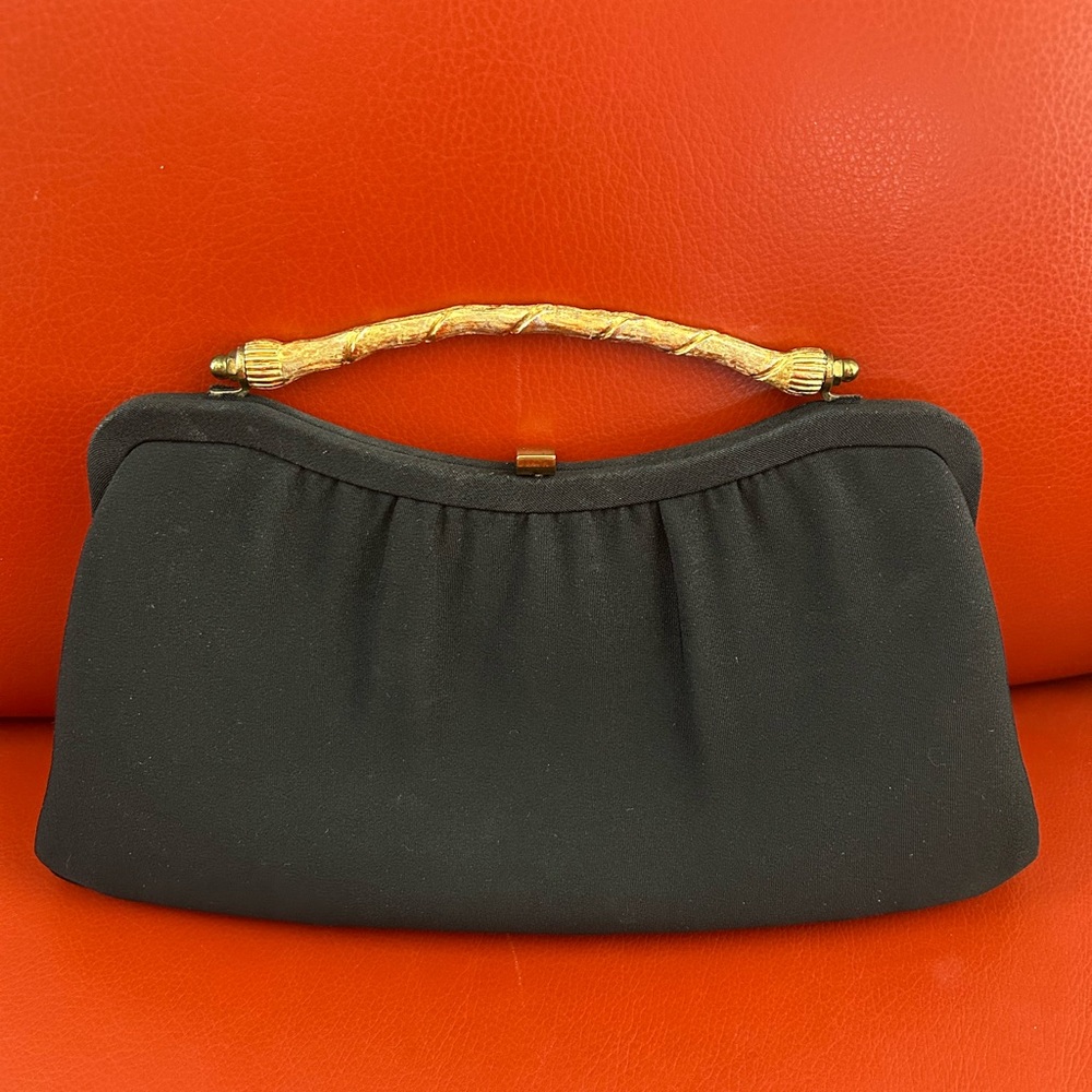 Vintage 1960’s After Five black fabric clutch with gold bamboo handle. Signed.
